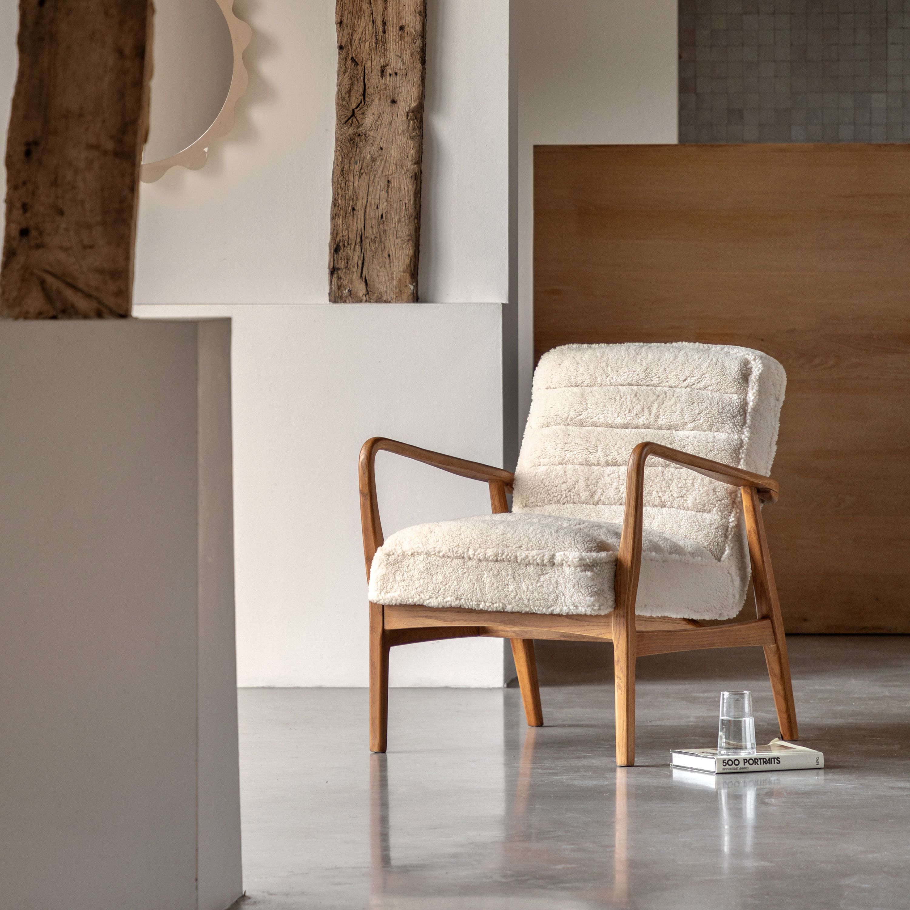 Langham Cream Sheepskin & Oak Wood Armchair